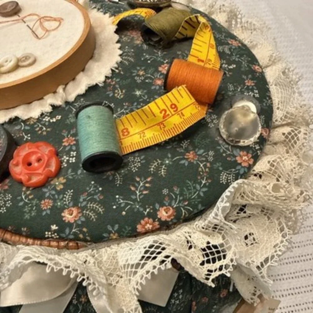 Vintage Heavenly Creations Sewing Basket Green Floral Motif